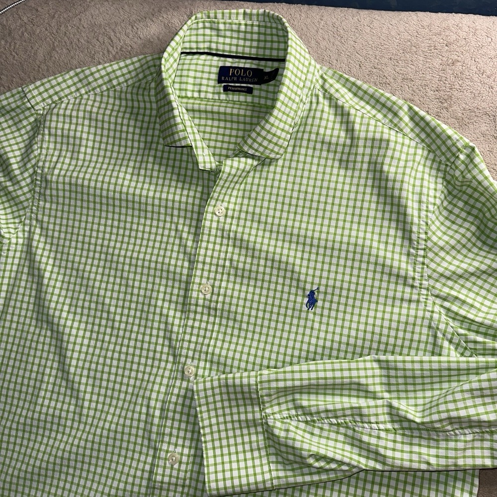 Polo Ralph Lauren Shirt Mens XL Green White Gingham Performance Stretch Nylon